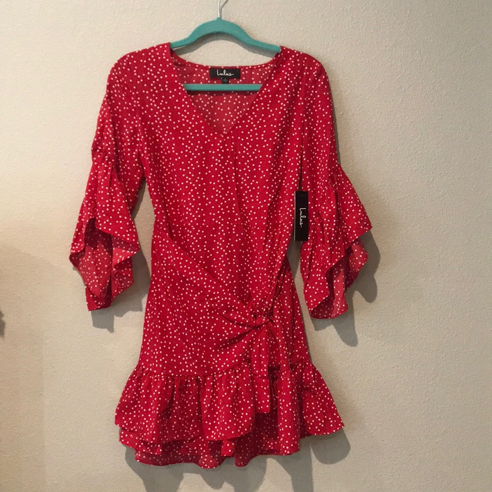 Red ruffle sleeve polka dot wrap dress